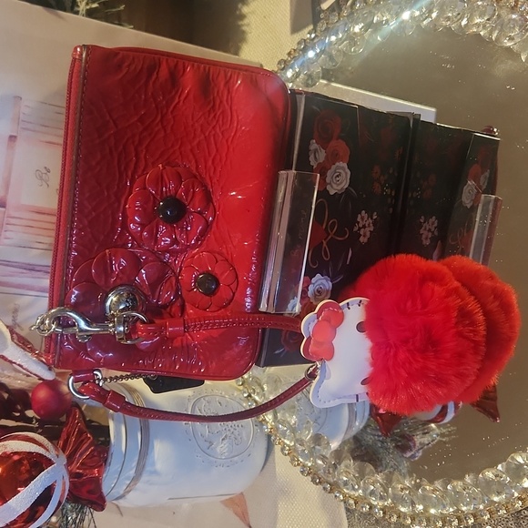 Coach Handbags - COACH POPPY RED RAISED FLOWER  PATENT LEATHER WRISTLET/ HELLO KITTY KEYCHAIN/BOX